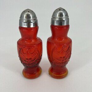 Vintage Kanawha Amberina Glass Salt & Pepper Shakers Embossed Eagle & Metal Lids